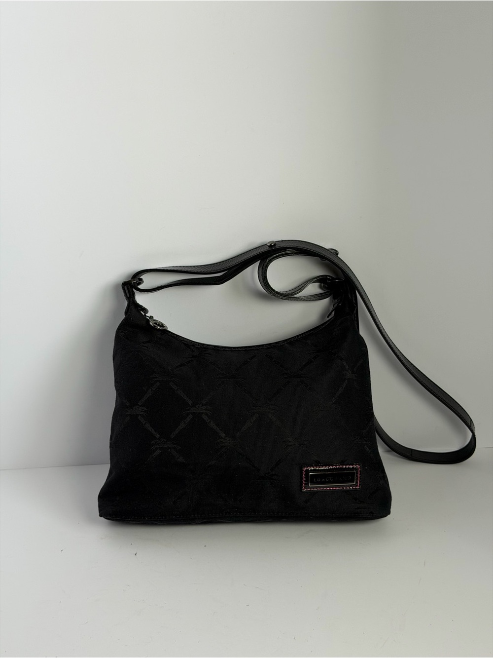 Longchamp Black Jacquard Monogram Hobo Crossbody Bag